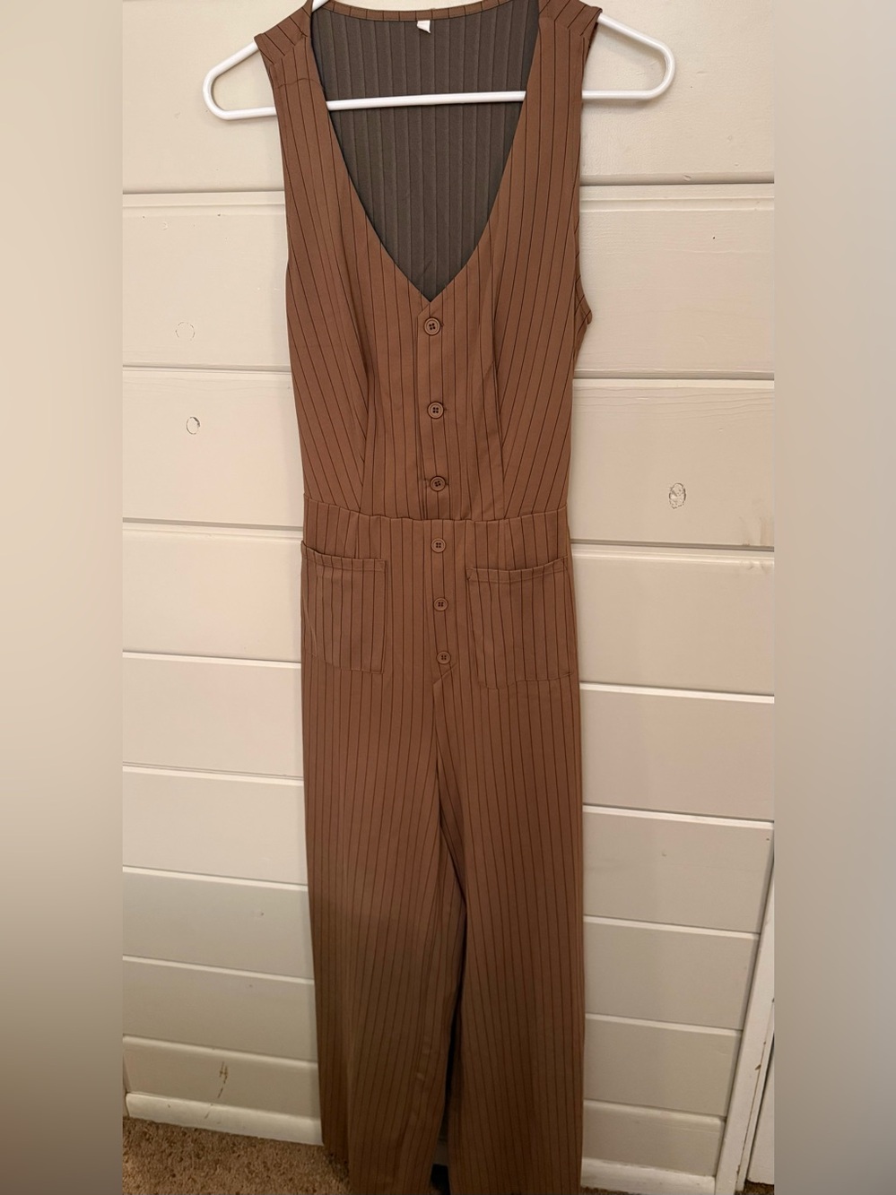 HALARA Brown Pinstripe Button-Front Sleeveless Jumpsuit